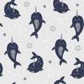 Trendy magic whale seamless pattern, cute witchcraft and mystical celestial baby narwhals